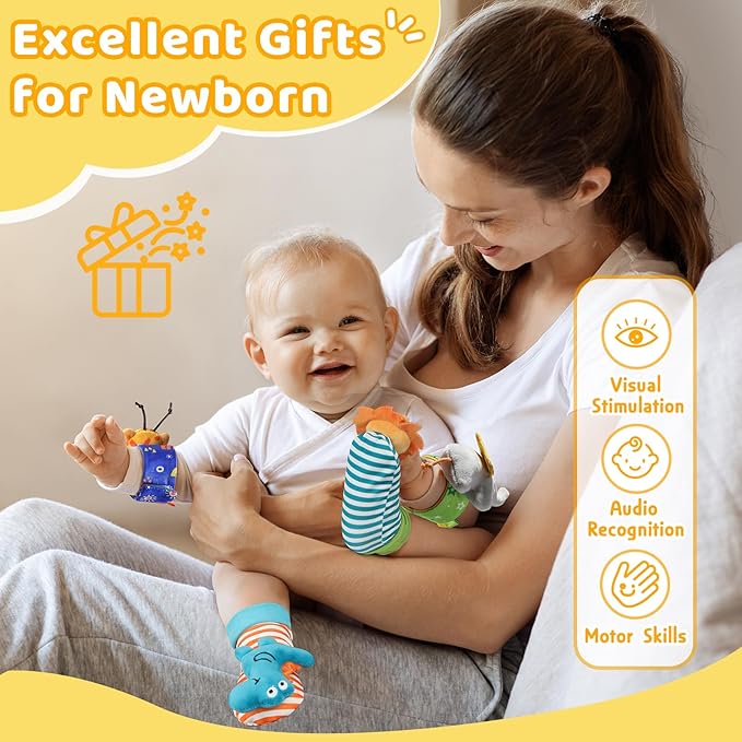 URMYWO Wrist Rattles for Baby - Rattle Socks - Foot Finder Set - Baby Toys for 0-12 Months Infant - Newborn Essentials - Early Learning Sensery Toys for Boys and Girls as Shower Gifts Stocking Stuffer