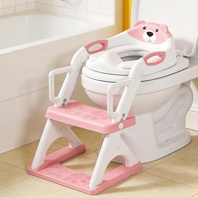 Potty Training Seat, SKYROKU Upgrade Toddler Toilet Seat for Kids Boys Girls,2 in 1 Potty Training Toilet,Splash Guard Anti-Slip Pad Step Stool,New Sector-Shape Stabilized (8899Pro-Pink, Classic)