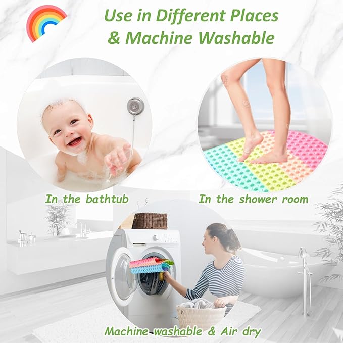 Joiyota Baby & Toddler Bath Mat for Tub,Silicone Non Slip Bathtub Mat for Kids with 27 x 15 Inches for Storage, Rainbow Bathbub Mat with Push Pop Bubbles, Machine Washable Shower Mat, Colorful, Oval