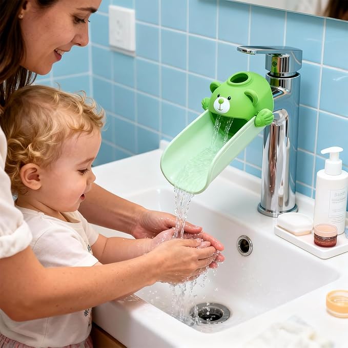 Skyroku Faucet Extender for Kids, Temperature-Sensitive Faucet Spout Extension for Independent Hand Washing - Cute Bear Design, Fits Most Bathroom & Kitchen Sinks(Green)