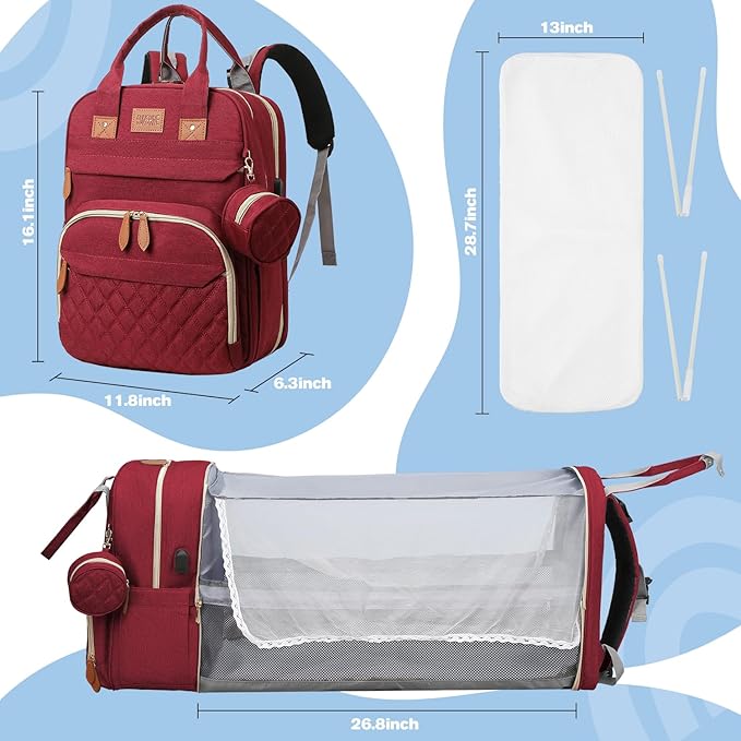 JSTPRO Diaper Bag Backpack, Large Diaper Bag with Changing Station, Baby Bag, New Mom Gifts, Lightweight Waterproof Unisex Diaper Bag with Insulated Pockets and USB Charging Port, Red