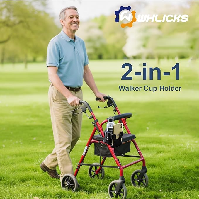 2-in-1 Walker Cup Holder with Reversible Phone Holder,Fit for Wheelchair, Rollator, Scooter, Bike, Mobility, Camper, Stroller with Sturdy,Rotatable,Adjustable and Anti - Slip Clip