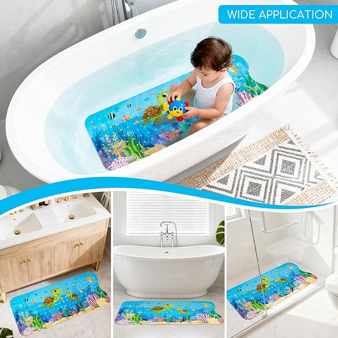 Omedecal Baby Bath Mat for Tub, Non Slip Kids Bath Shower Mat, 40 X 16 Inch Large Bathtub Mat with Drain Holes and Suction Cups for Toddlers, Machine Washable and Waterproof (Turtle)