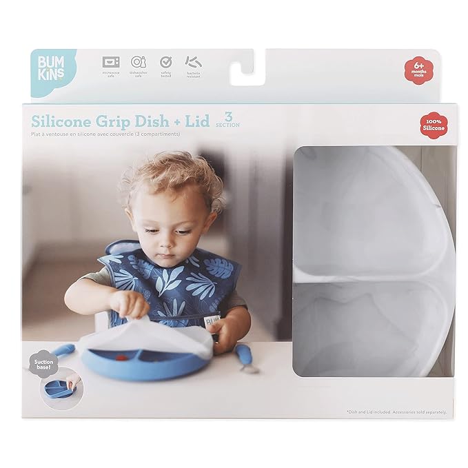Bumkins Toddler and Baby Suction Plate, Silicone Divided Grip Dish and Lid, Babies and Kids, Baby Led Weaning, Children Feeding Supplies, Non Skid Bottom, Platinum Silicone, Ages 6 Months Up, Marble