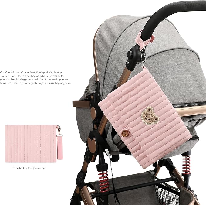 MOMIGO Baby Diaper Bag Organizer Pouches - Waterproof Pod Foldable Diaper Organizer Set, Cute Bear Bag Gift for Baby Shower (Pink)