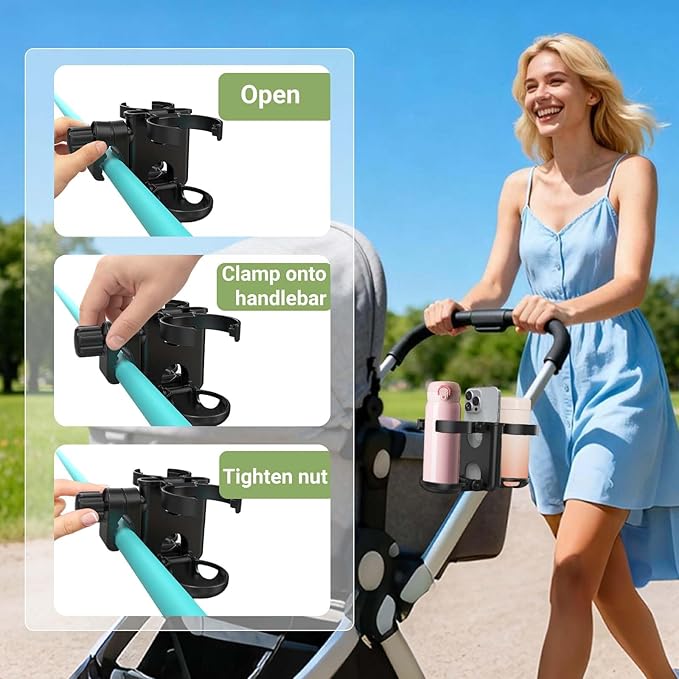 ZealSound Stroller Cup Holder, 3-in-1 Bottle Holder with Phone Holder for Wheelchair, Stroller, Bike, Walker, Scooter, Foldable Universal Drink Holder for Uppababy, Bugaboo, Nuna, Doona
