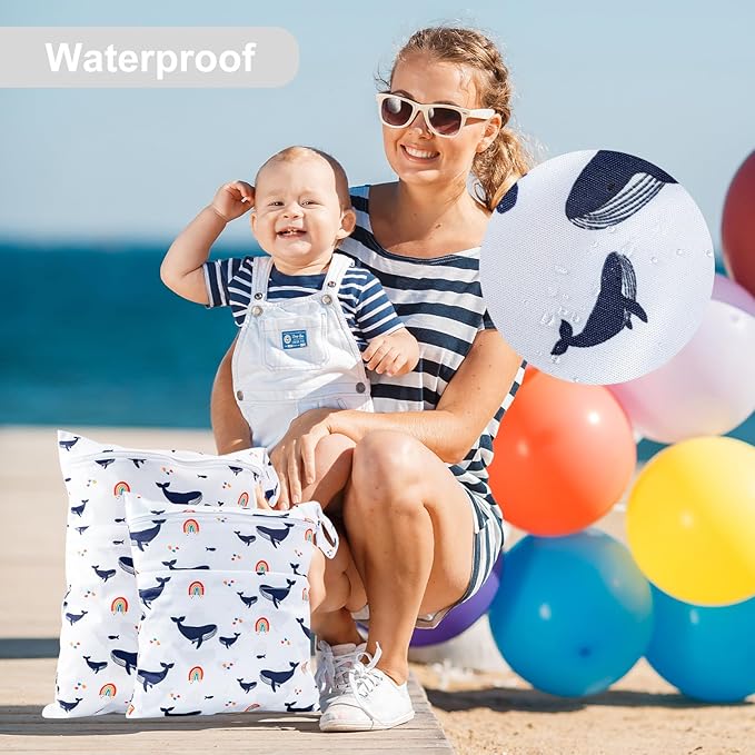 2 Pack Wet Dry Bags Waterproof Washable Travel Bags, Wet Bag with 2 Zippered Pockets for Diapers, Daycare, Bathing, Travel, Beach, Wet Swimwear, Yoga Gym