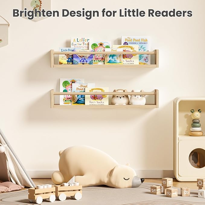 upsimples 2 Pack Nursery Book Shelves, 23.6 Inch Floating Bookshelves for Wall, Baby Nursery Decor, Small Solid Wood Wall Mounted Shelves for Baby Kids Boys Girls, Natural