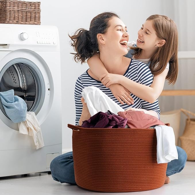 XXL Large Cotton Rope Basket - Maliton Large Storage for Blankets, Towels, Pillows - Round Toy Basket - Woven Laundry Hamper with Handles - 22" x 22" x 14" Nursery Hamper Bin, Burnt Orange