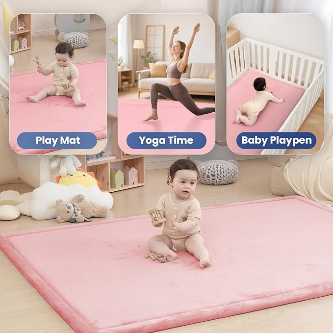 Huloo Sleep Ultra Soft Baby Play Mat for Floor,1.3" Thick Elasti-Foam 47x47 Play Mat for Playpen,Water-Repellent Coral Velvet for Tummy Time, Non-Slip Backing Safe for Toddlers & Infants(Pink)