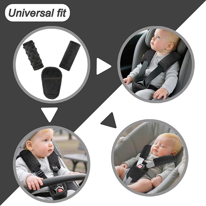 Car Seat Straps Pads for Baby Boys 3 Pieces,Super Soft Car Seat Strap Covers Kids,Man Fai Sky Infant Carseat Shoulder Pading, Hip Support for All Car Seats, Pushchair, Stroller(Black)