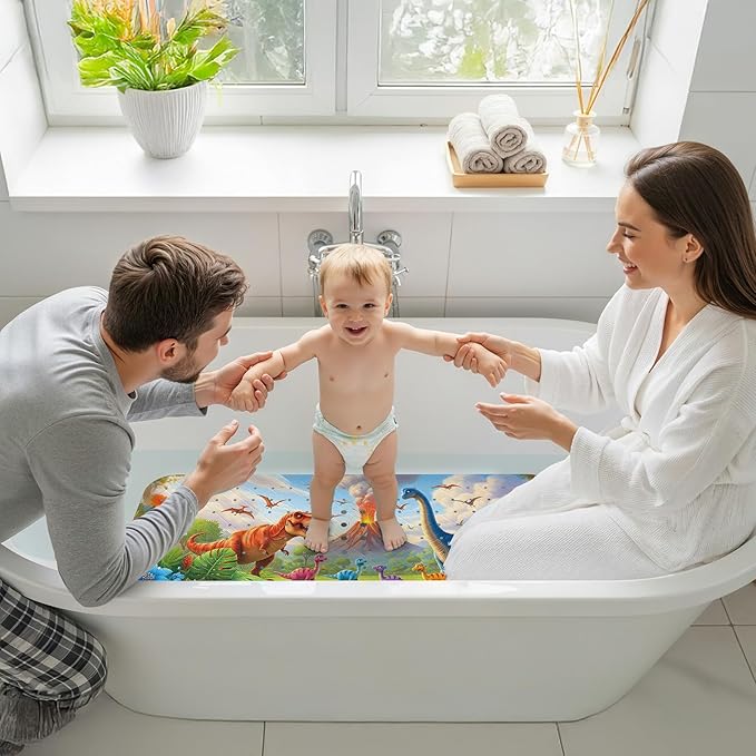 Upgrade Cartoon Baby Bath Mat Non Slip - 40"x16" Extra Long Bathtub Mat for Baby Eco Friendly Durable Bath Mat for Tub Non Slip Kids Tub Mat with Suction Cups, Machine Washable and No Fading, Dinosaur
