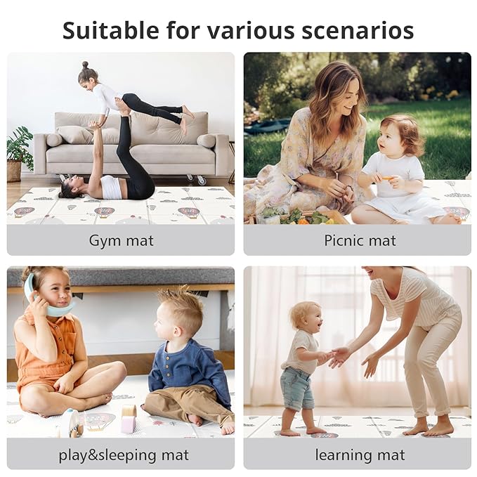 UANLAUO Foldable Baby Play Mat for Floor - 59 x 59 Foam Play Mats for Babies and Toddlers Infant Reversible Crawling Mat for Babies 6-12 Months, Thick Padded Playmat for Tummy Time & Floor Play