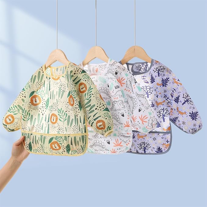 ElecMotive 3 Pack Long Sleeve Bib,Baby Smock for Eating 6-30 Months Reusable Shirt Bibs for Babies Toddler