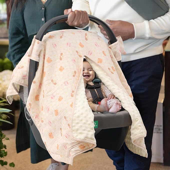 2-in-1 Baby Car Seat Cover, Baby Car Seat Canopy, Mom Nursing Cover,Easy to Install Shield,Multi-Purpose | Winter Warm & Summer Shade Use (Light Pink)