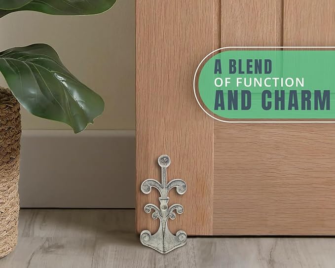 Comfify Fleur De Lis Cast Iron Door Stop – One Decorative Wedge with Felt Bottom – Rustic White Antique Finish – 4" x 3.5" x 7.75"