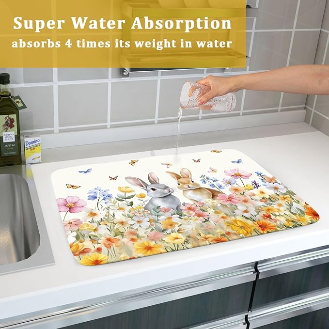 Spring Easter Rabbit Dish Drying Mat for Kitchen Counter,Colorful Flowers Butterflies Drying Mat 18 x 24 Inch with High Absorbent Microfiber Drainer Mat for Coffee Bar
