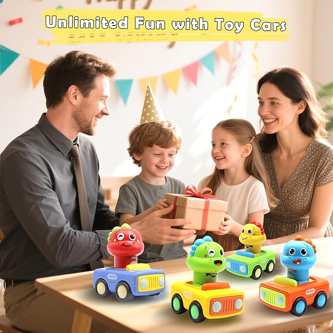 Pbooo Press to Go Car, Dinoaur Car Toys for Toddlers 1-3, Kids' Play Vehicles and Race Cars, Push Go Cars for 6-12-18 Month, Ideal Christmas and Birthday Gift for 1-2 Year Old Kids