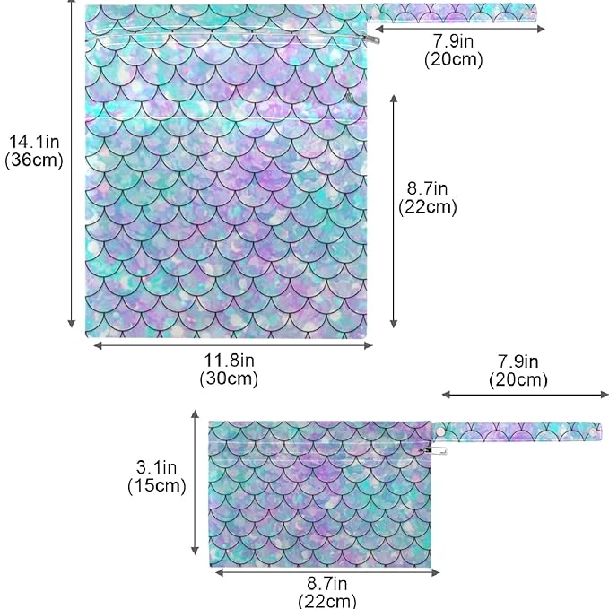 visesunny 2Pcs Wet Bag with Zippered Pockets Beautiful Rainbow Mermaid Scale Washable Reusable Roomy for Travel,Beach,Pool,Daycare,Stroller,Diapers,Dirty Gym Clothes, Wet Swimsuits, Toiletries