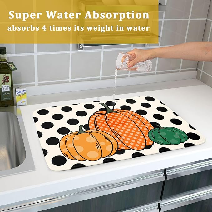 Autumn Pumpkin Dish Drying Mat for Kitchen Counter,Black Round Dot Decoration Drying Mat 18 x 24 Inch with Absorbent Reversible Microfiber Dish Drying Pad Dish Rack Drainer Mat for Coffee Bar