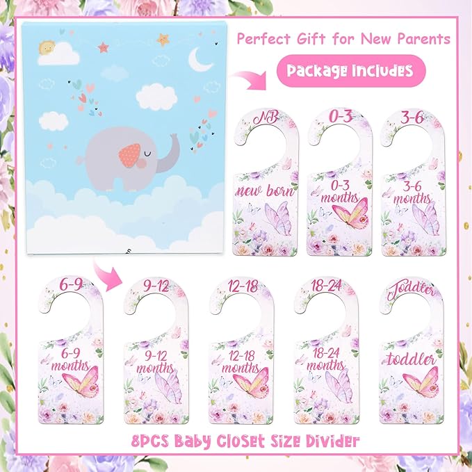 Baby Closet Dividers 8PCS, Butterfly/Floral Theme Wooden Double-Sided Clothes Size Hanger Organizer from Newborn to Toddler for Nursery Decor Baby Shower Birthday Gift