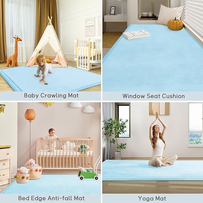 Baby Play Mat for Floor Nursery Muscle Mat Area Rug Playroom Rug 50"x50" Memory Foam 1.3" Thick Crawling Mat for Babies,Toddlers, Infants,Kids (Ice Blue)