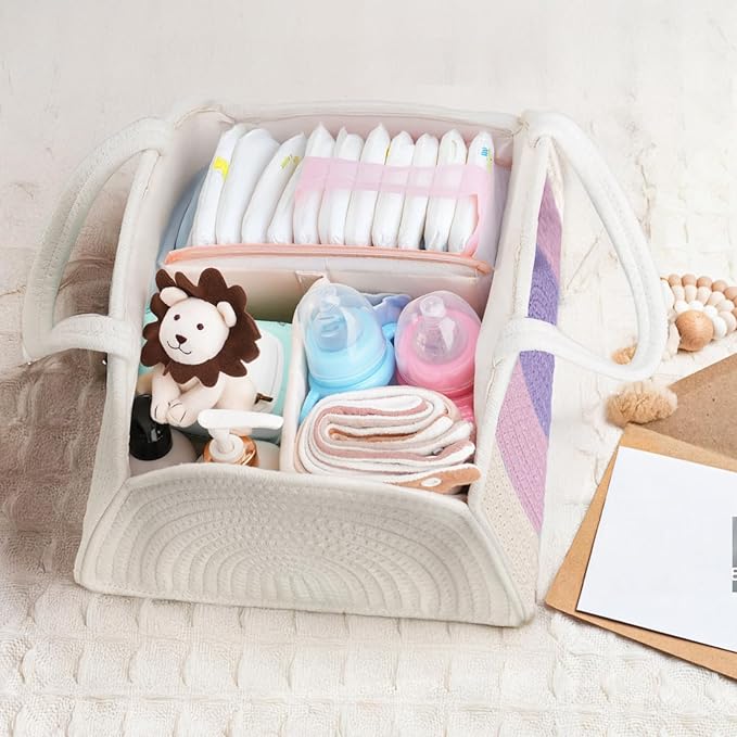 JMBNH Baby Diaper Caddy- With Removable Dividers, Nursery Storage Bin and Car Organizer,Boy & Girl Shower Gift Basket,Portable Organizer,Nursery Essentials-Rainbow Purple