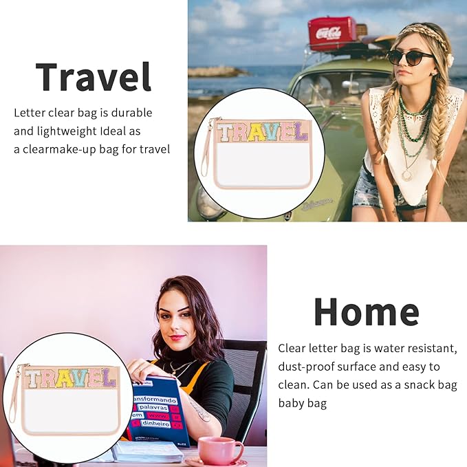 Iqimott Chenille Letter Clear Bag Travel Pouch, Monogram PVC & PU Makeup Cosmetic Bag Zipper Toiletry Pouch, Waterproof Portable Beach Snack Wristlet Bags for Women Girls(Travel, Pink)