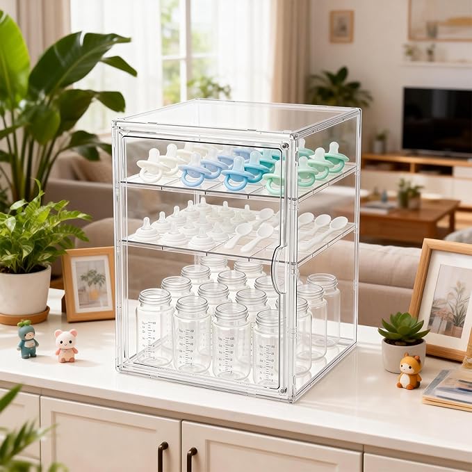 Baby Bottle Organizer, 3 Tiers Acrylic Bottle Storage Organizer Container, Clear Plastic Bottle Station Organizer with 2 Adjustable Dividers for Kitchen Countertop, Bathroom, Cabinet, Vanity
