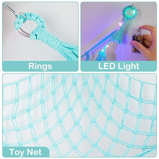 Basumee Stuffed Animals Net or Hammock with LED Light, Hanging Stuffed Animals Storage Toy Hammock Net Corner Wall Girls Room Decor Toy Storage Organizer, Light Aqua Green, XL