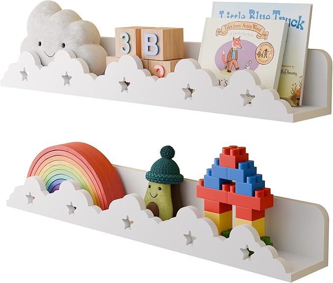 Sumbame Nursery Shelves for Wall Set of 2 - White Cloud Floating Bookshelf for Kids, 24 Inch Scalloped Picture Ledge Shelf, Display Shelf for Baby Bedroom, Nursery Decor, Baby Playroom, Toy Storage
