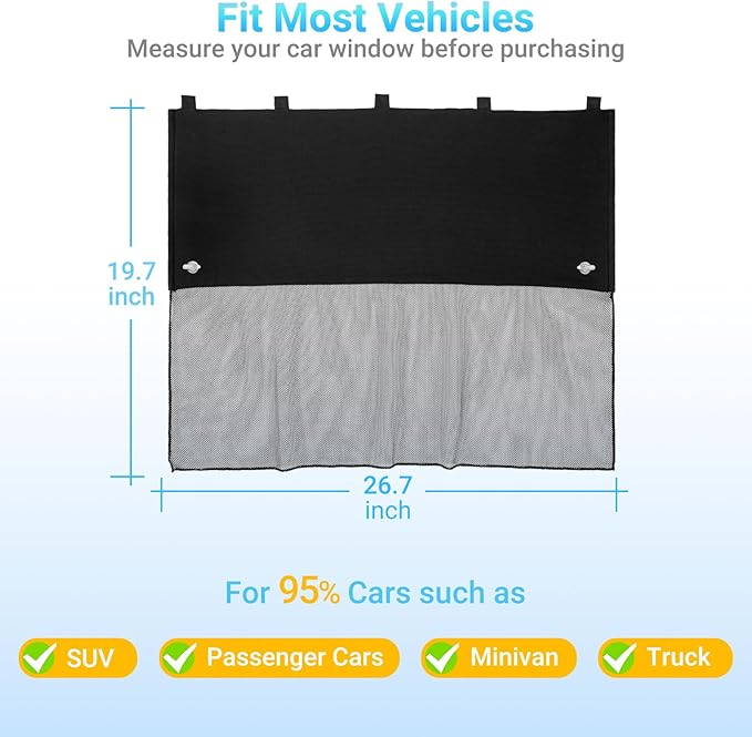 Car Window Shades, 2 Pcs Half Blackout & Half See-Through Magnetic Sun Shade for Rear Window Covers with Fixed Suction Cups,Car Curtains for Baby Sun/Heat/UV Protection