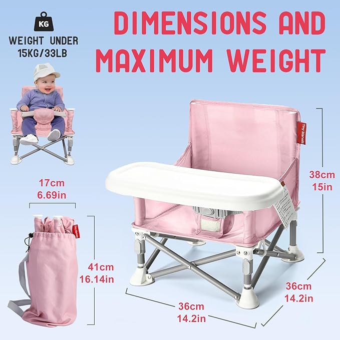 Tiny Marvels Portable Booster Seat, Foldable Baby High Chair with Removable Tray, Safety Harness & Carry Bag – for Toddlers Ages 6M-3Y, Ideal for Dining, Travel, Camping & Family Time