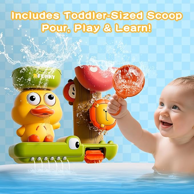 GeeKiPrime Bath Toys for Toddlers 1-3 with Scoop & Suction Cup, Interactive Duck Bathtub Toys for Bathtime Fun, Baby Bath Toy 2-4, Toddler Shower Wall Toy Boys Girls Birthday Gifts 18+ Months