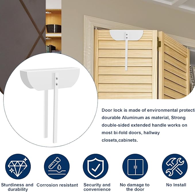 Bifold Door Lock- Metal Double Door Child Safety Locks Keep Toddler, Cats&Dogs Out of Pantry, Closets, Cabinets