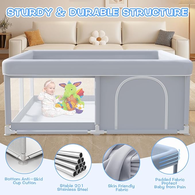 Baby Playpen 50 x 50 Inch Play Pen Playards, Playpen for Babies and Toddlers, Baby Playard for Indoor & Outdoor Active Center Game Fence, with Skin-Friendly Fabric and Soft Breathable Mesh Grey