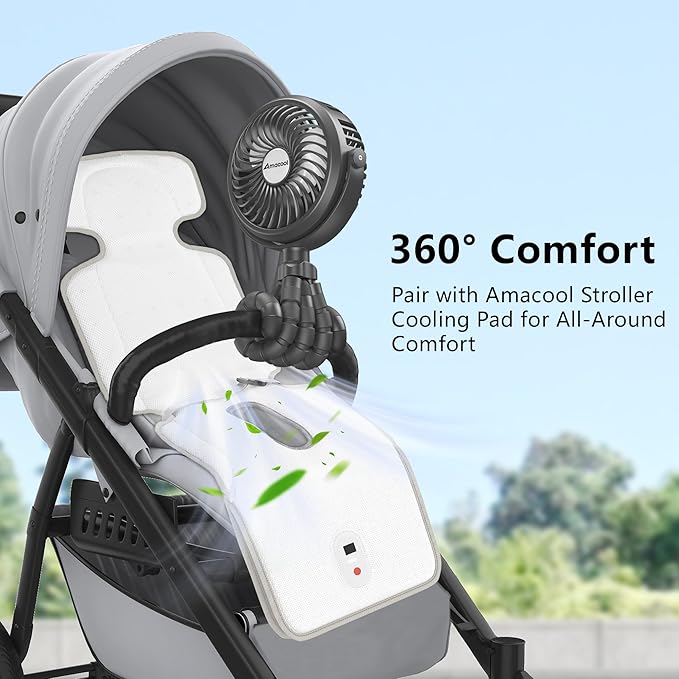 AMACOOL Battery Operated Stroller Fan, Newborn & Baby Travel Essentials, Registry Gifts, Flexible Tripod Clip On Fan with 3 Speeds and Rotatable for Car Seat Crib Bike Treadmill, Beach Essentials