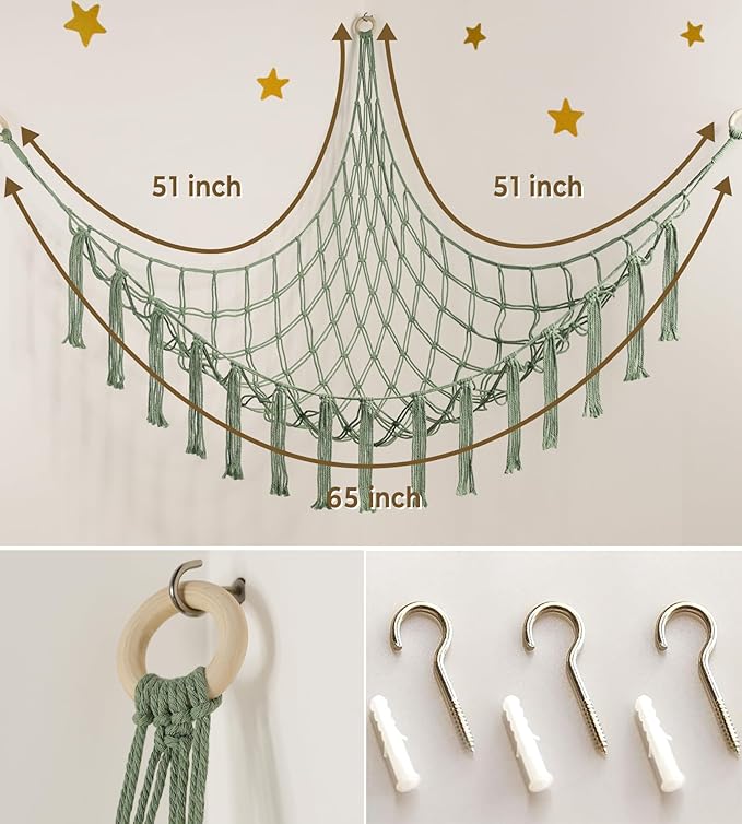 Stuffed Animal Hammock - Large Stuffed Animal Net Corner - Hanging Stuff Animal Storage Organizer For Plush Plushie Display Room Bedroom Boho Decor