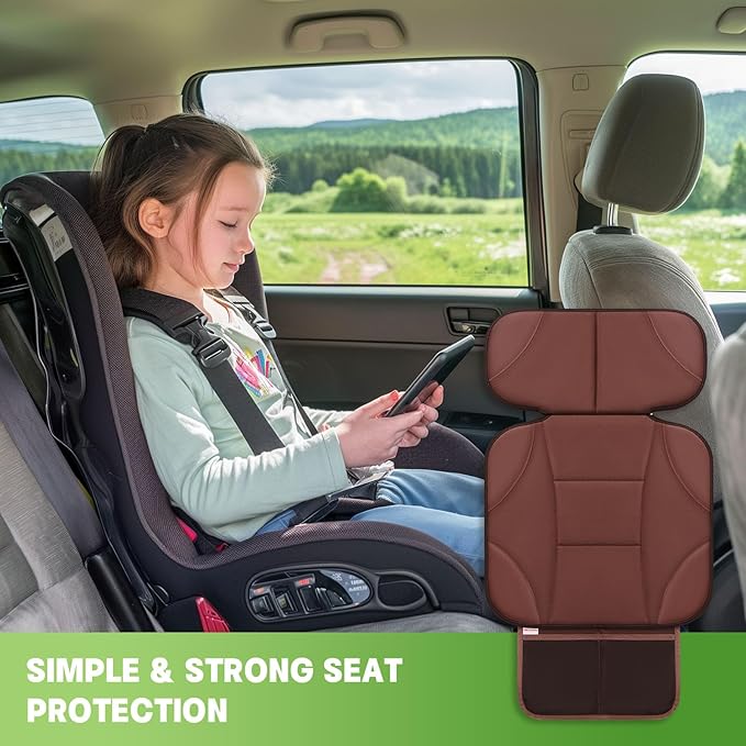 Siivton Car Seat Protector for Kids, Anti-Slip Design, Thick Padding, Prevents Seat Marks, 2 Storage Pockets for Toys & Snacks, Fits Most Cars, Black (Brown, 1 Pack)