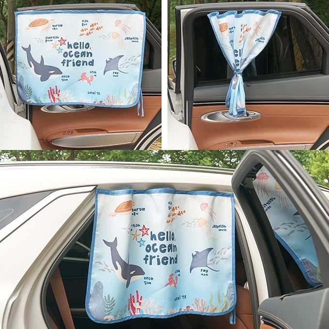 BEBEDECO Magnetic Car Sun Shade Curtain for Side Window – Sun Blocker and UV Protector for Baby, Kids, and Pets – Universal Fit with Built-in Magnets for Steel-Framed Door (Magnet-New Ocean Friends)
