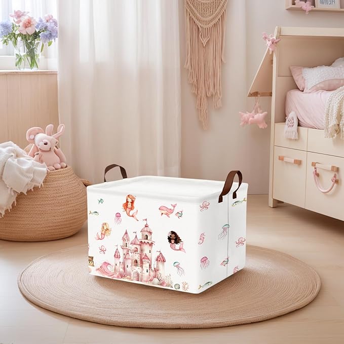 ASKETAM Cute Rectangle Baby Girl Gift Basket Toy Storage Bin Nursery Playroom Bedroom Decor (Pink Castle)