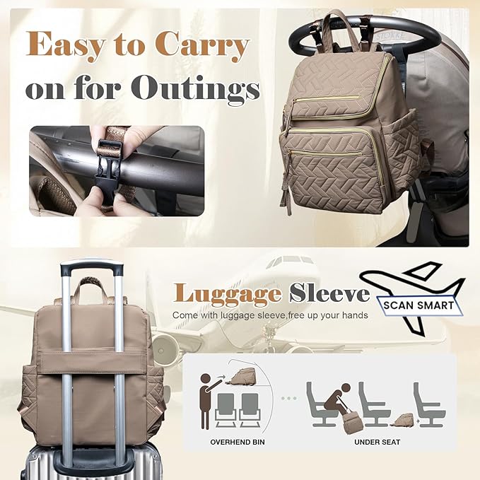 Omanmoli Diaper Bag Backpack Baby Large Travel Work School Backpack for Women with 17 Bag Organizers,4 Insulated Pockets,Portable Changing Pad,Stroller Buckles,Brown