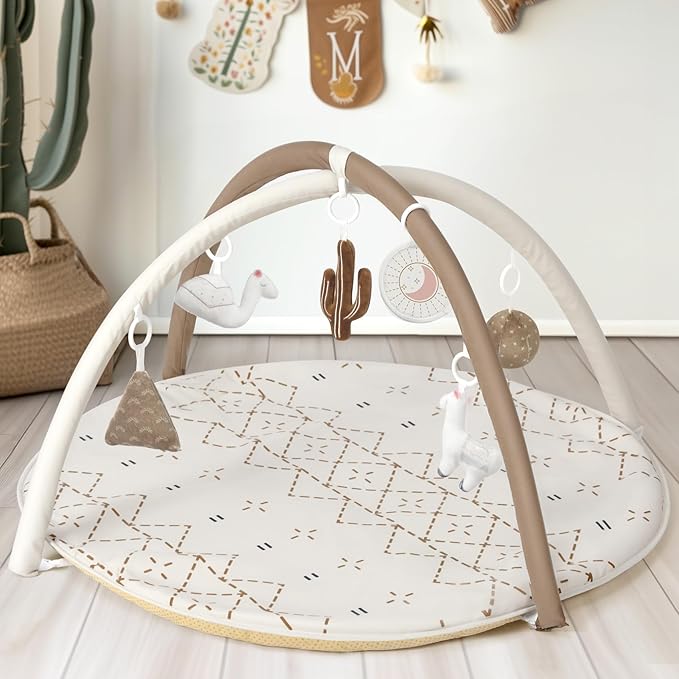 Little Dove Tummy Time Mat with 6 Toys, Macrame Baby Play Mat for Newborn, Baby Gym with 12 Milestone Cards, Stage-Based Sensory and Motor Skill Development Baby Play Gym, Non Slip Mat Washable, Khaki