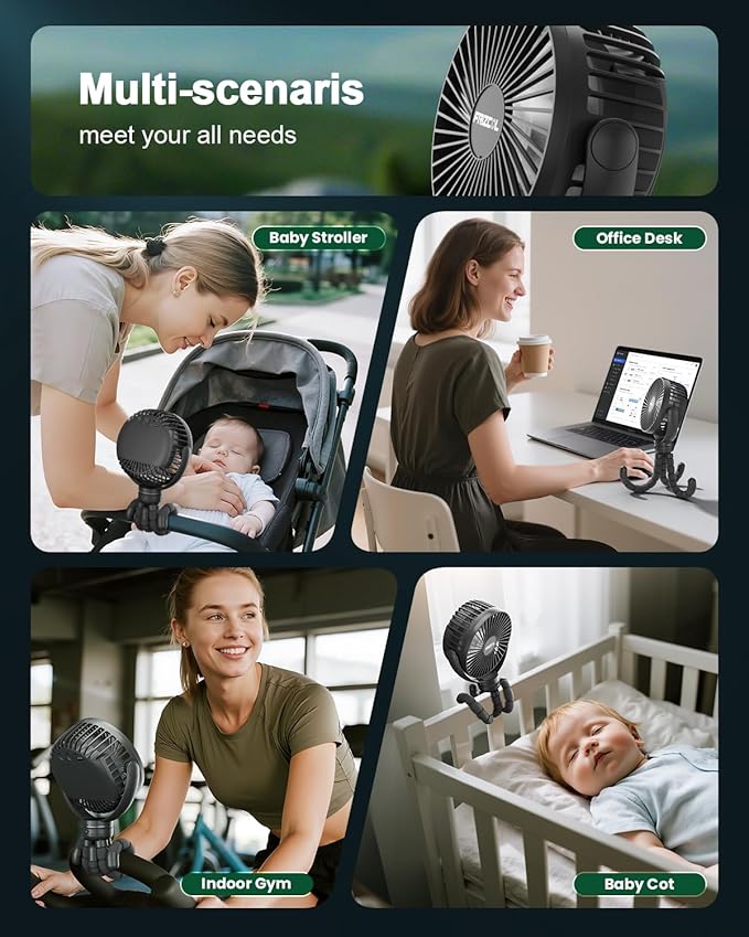 FRIZCOL Portable Stroller Fan, Use As Power Bank, 65H 12000mAh Battery Operated Fan Flexible Tripod Baby Car Seat Fans with Timming, Personal Mini Handheld/Desk/Small Clip On Fans For Stroller