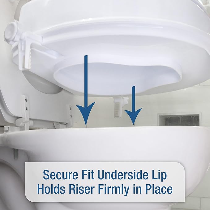 HealthSmart Locking Raised Toilet Seat Riser for Seniors, 4" Elevation with Lid, Fits Round and Elongated Toilet Bowls, Secure Easy Locking Clamps, 418 lb Capacity, Quick Assembly