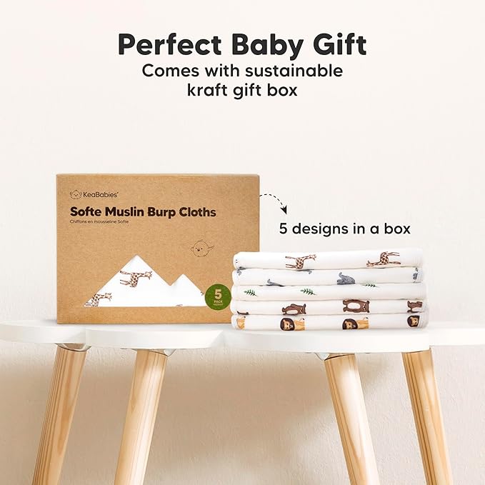 5-Pack Muslin Burp Cloths Baby Boy, Girl - Very Absorbent Baby Burp Cloth Rags, 8-Layers Viscose Derived from Bamboo Cotton Muslin Towel, Super Soft Spit Up Rags, No Shrink Washcloths (Wildscape)