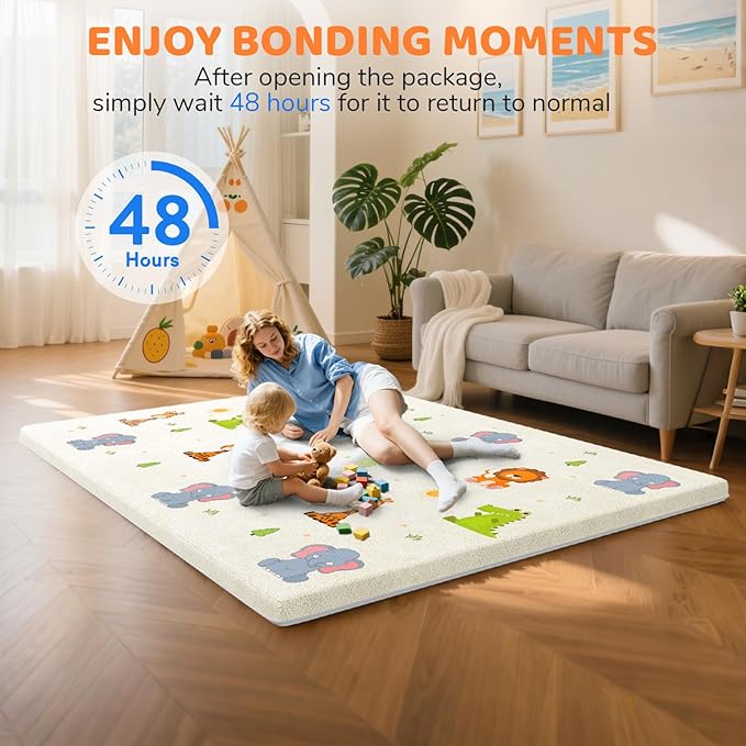 Omzer Baby Play Mat for Floor: Soft & Safe - 1.3'' Thick Foam Playpen Mat with Machine Washable Removable Cloth Cover for Tummy Time- Non Slip Crawling Pad for Toddler,Infant,Kids(Beige, 65''x 50'')