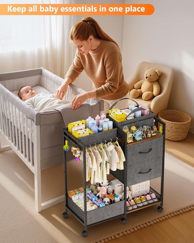 Baby Storage Cart with Drawers, Baby Diaper Caddy Organizer with Removable Dividers, Baby Closet Organizer, 2In1 Rolling Cart for Nursery Essentials & Baby stuff