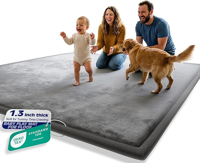 AEOCOO 50x50 Playpen Mat 1.3" Thick Memory Foam Baby Play Mats for Infants Floor Crawling, Toddlers Tummy Time, CloudSoft Velvet Non Slip Cushion, Play Pen, Living Room, Playroom, Tatami Style, Grey