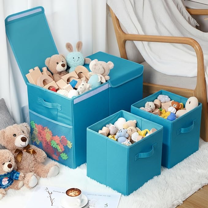 Fiwochic 3 Pack 23" Large Toy Storage Box with 11" Cubes Bins, Collapsible Toy Organizer Chest with Lids for Kids Nursery Playroom Bedroom Living Room Christmas Ornament Storage Box(Blue)